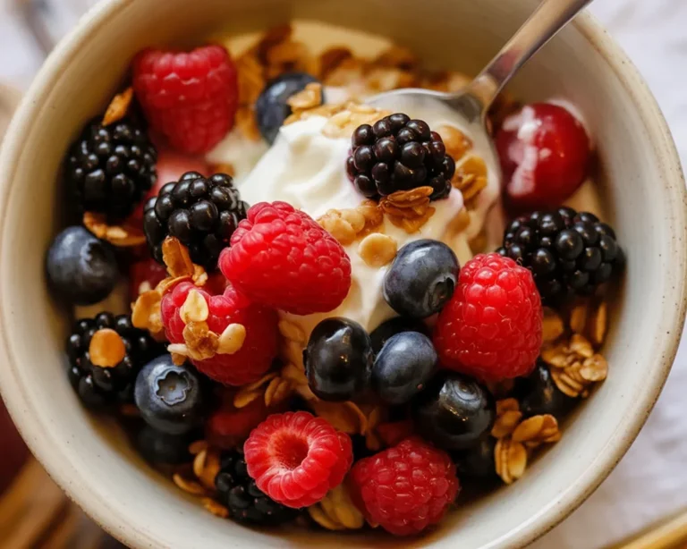 Berry Yogurt Bowl with Honey Drizzle topped with fresh berries and granola