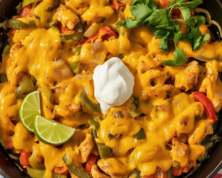 Cheesy chicken and potatoes dish served in a skillet, topped with melted cheese and veggies.