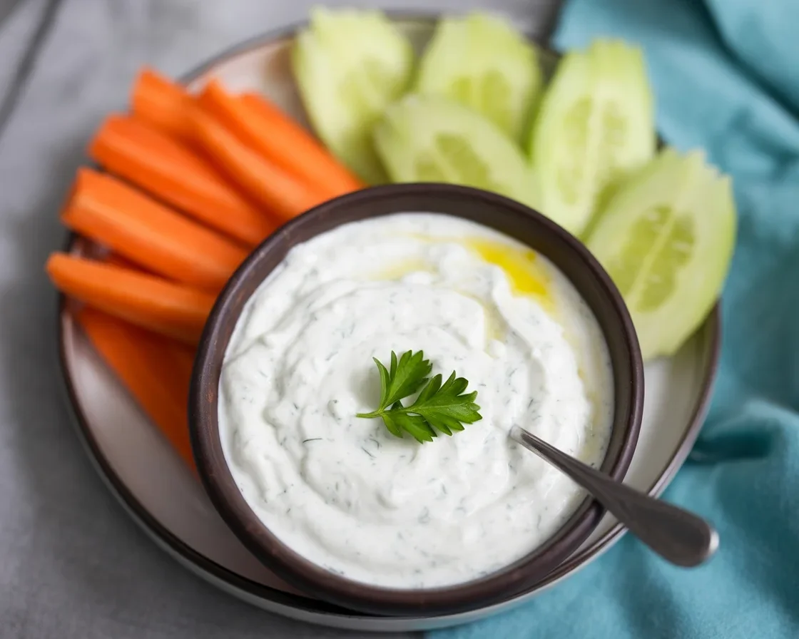 Delicious Garlic and Herb Greek Yogurt Dip served with fresh vegetables