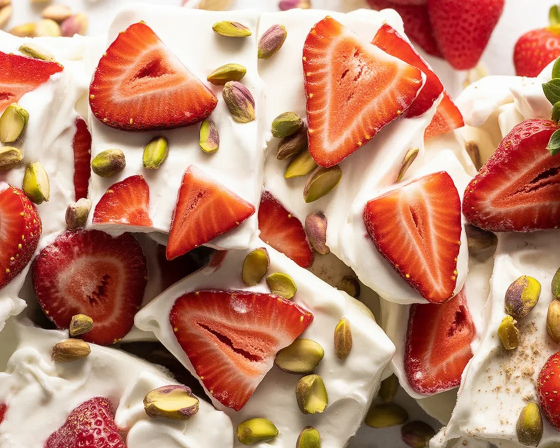 Delicious Greek Yogurt Frozen Bark topped with nuts and fresh fruits.