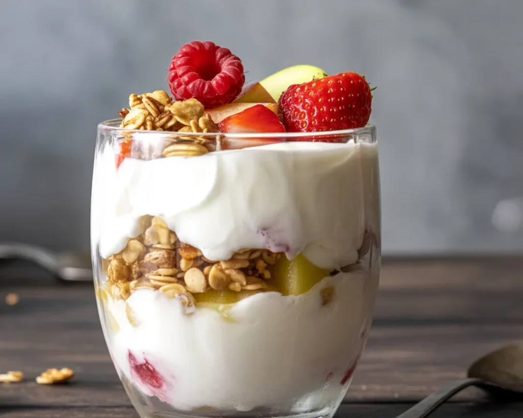 Layered Greek Yogurt Parfait with Honey and Berries topped with granola.