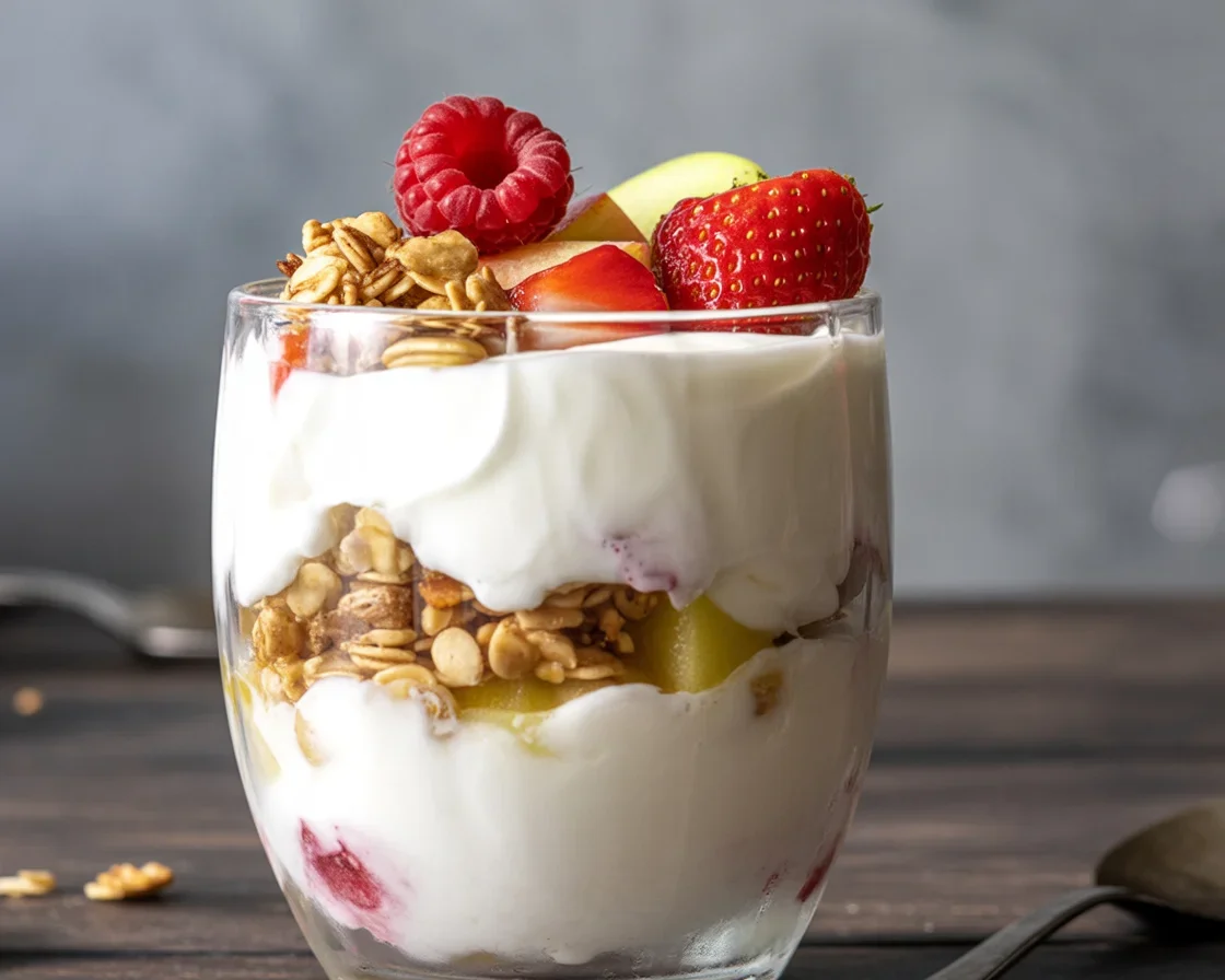 Layered Greek Yogurt Parfait with Honey and Berries topped with granola.