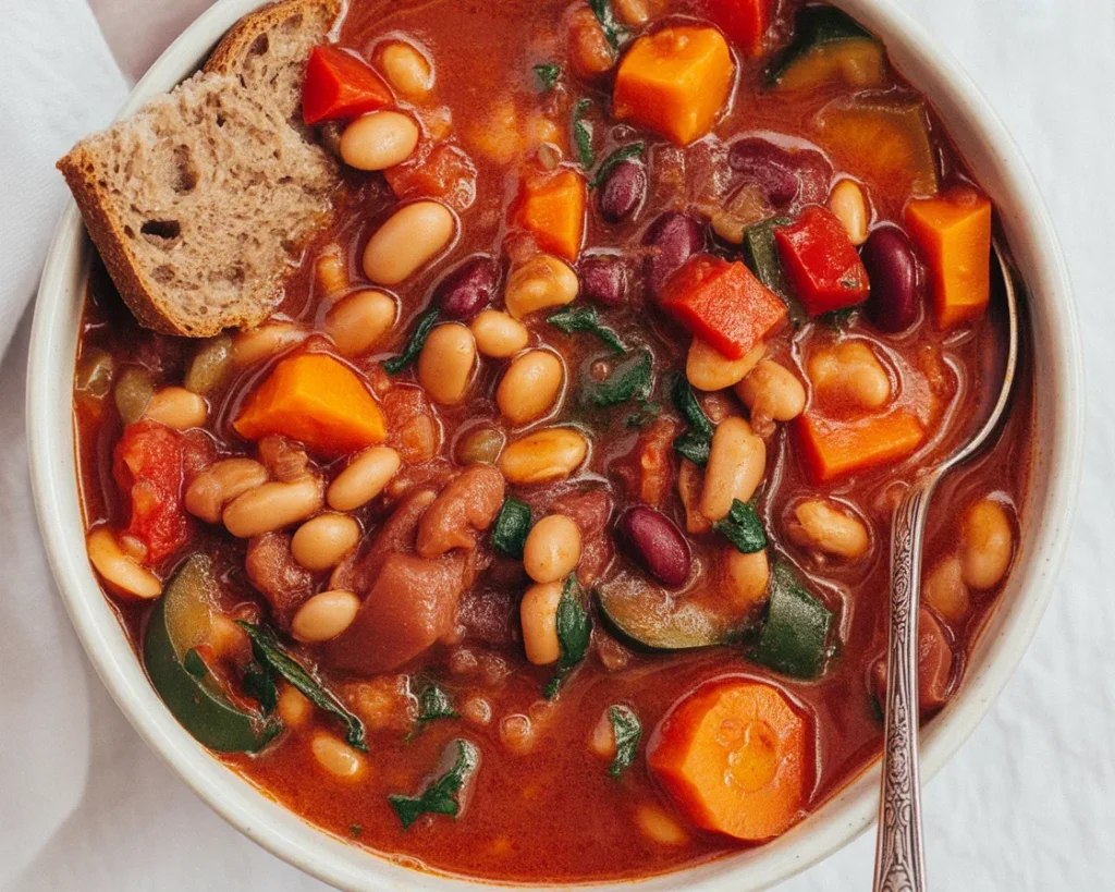 Bowl of Hearty Autumn Harvest Minestrone with Tiny Pasta and Kale, garnished with fresh herbs.