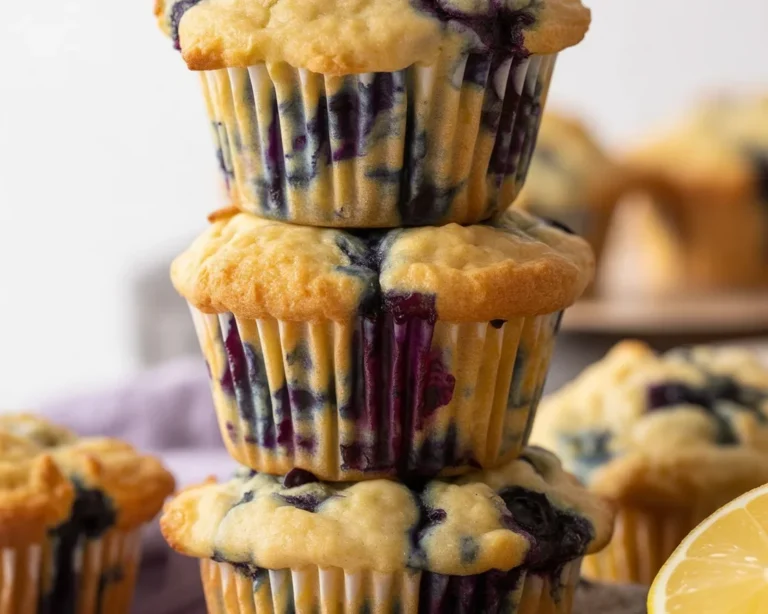 Lemon Blueberry Greek Yogurt Muffins fresh out of the oven, topped with blueberries.