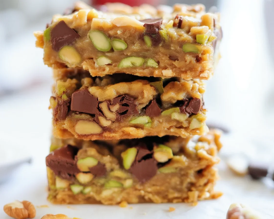 Delicious Pistachio Seven Layer Cookie Bars with coconut and white chocolate layers.