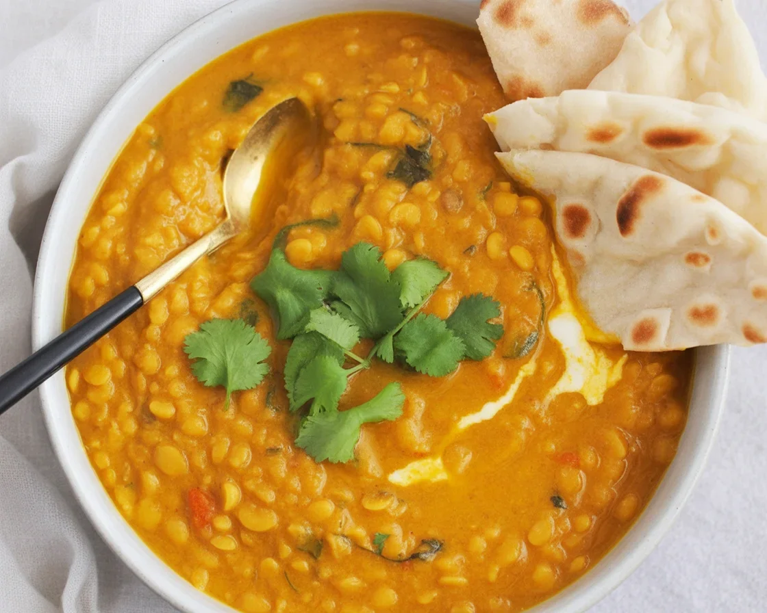 Bowl of Quick Turmeric Coconut Lentil Curry with Garlic Naan, garnished with fresh herbs.