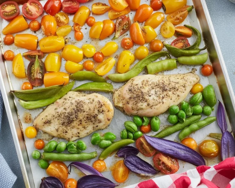 Sheet Pan Lemon Herb Chicken with colorful summer veggies on a baking tray.