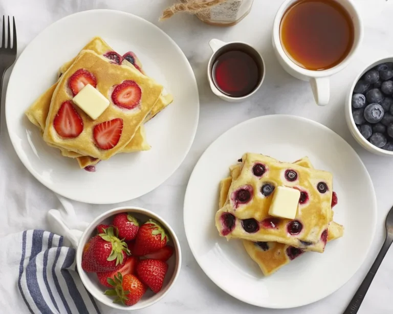 Delicious sheet pan pancakes topped with berries, baked and served on a sheet tray.