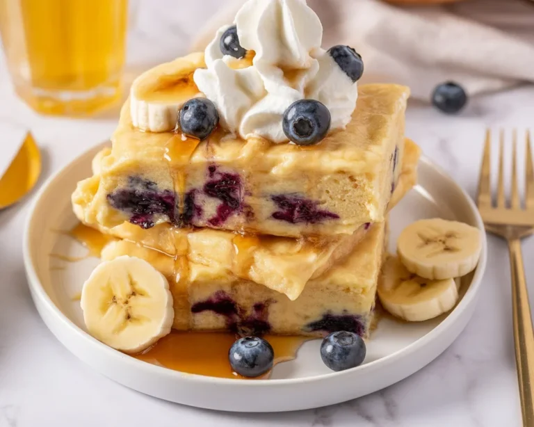 Fluffy sheet pan pancakes made with Bisquick mix, topped with fresh berries