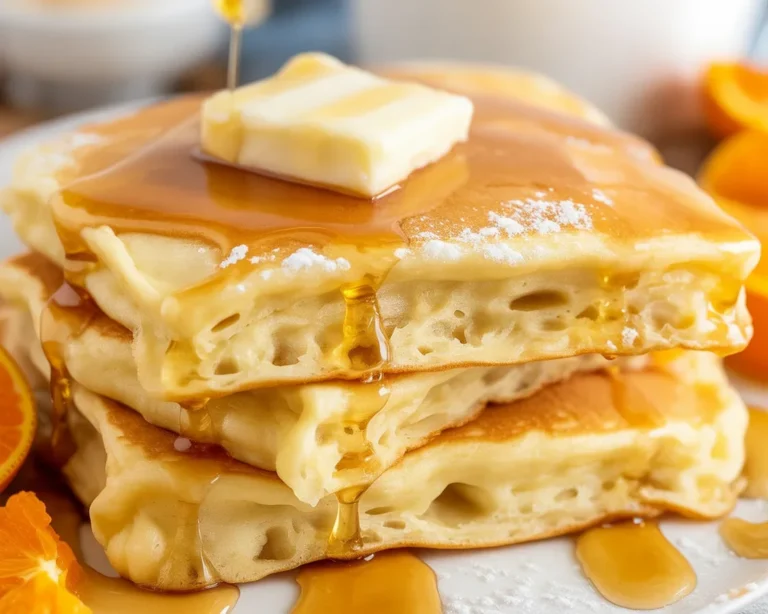 Fluffy and delicious sheet pan pancakes on a baking sheet, served with syrup.