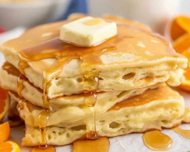 Fluffy sheet pan pancakes from scratch served on a white plate with syrup.