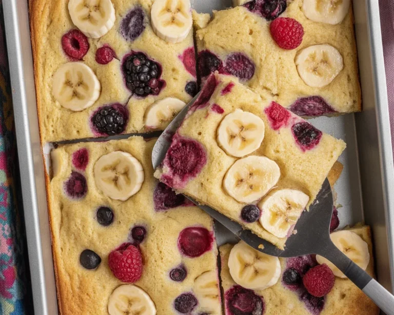 Delicious healthy sheet pan pancakes topped with berries and syrup.