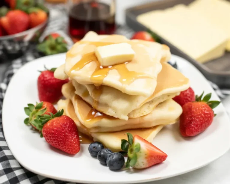 Fluffy sheet pan pancakes made with Krusteaz pancake mix, topped with fresh fruit.
