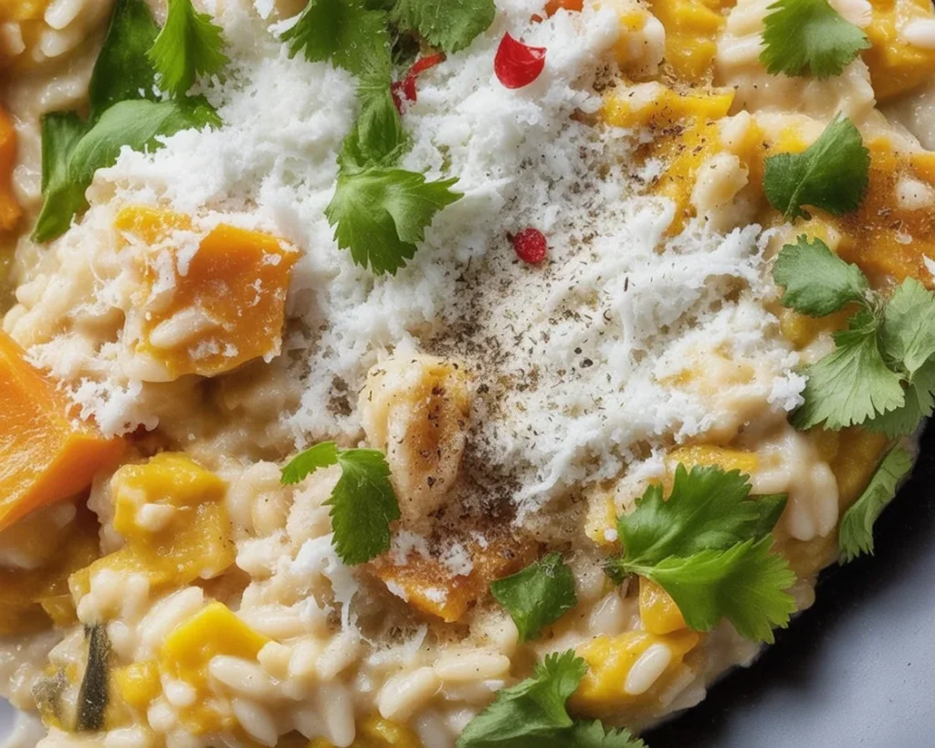 Speedy Sausage & Butternut Squash Risotto served in a bowl with herbs