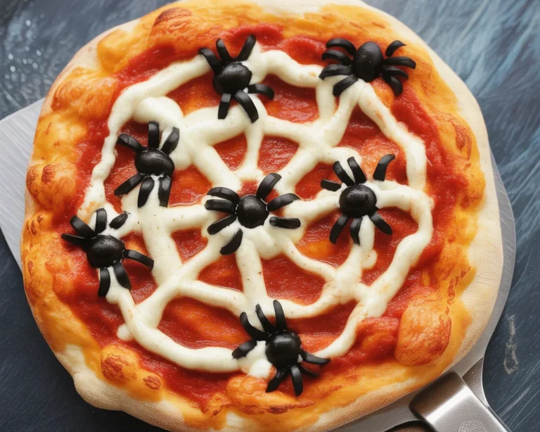 Spooky Spider Web Pizza with cheese web and black olive spiders