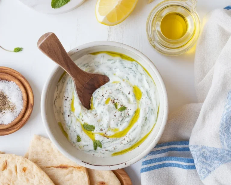 A vibrant bowl of Tzatziki Sauce made with cucumber, yogurt, garlic, and herbs.