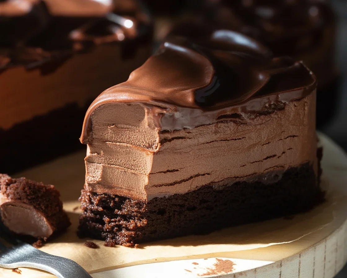 Delicious vegan chocolate mousse cake with rich layers and glossy chocolate ganache.