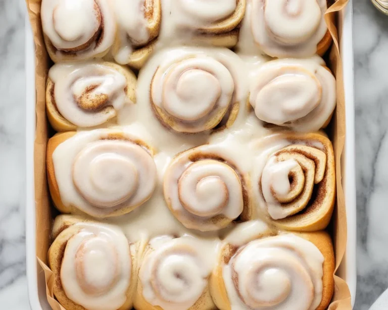 Delicious Vegan Cinnamon Rolls topped with creamy icing, soft and fluffy texture.