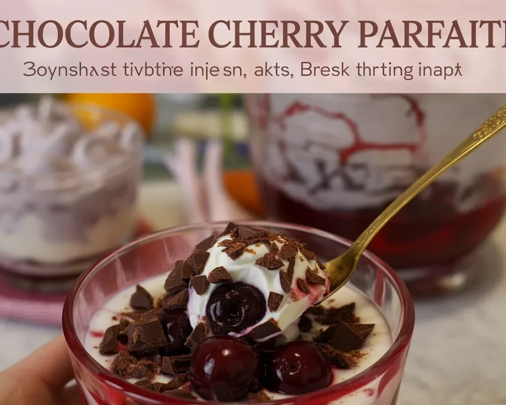 Yogurt Chocolate Cherry Parfait with layers of cherries and granola.