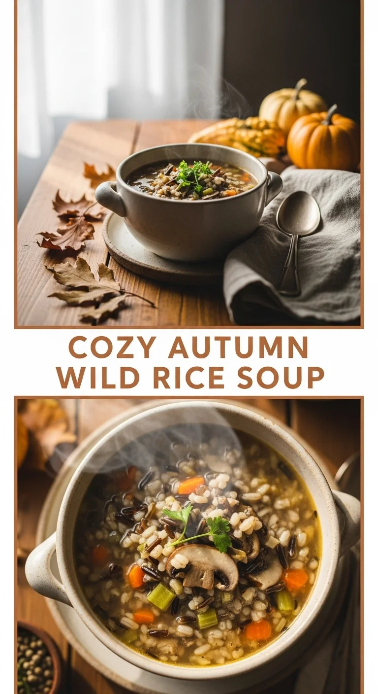 Vertical pin showing two appetizing smartphone photos of creamy, hearty COZY AUTUMN WILD RICE SOUP in rustic bowls, with the text 'COZY AUTUMN WILD RICE SOUP' prominently displayed in the center.