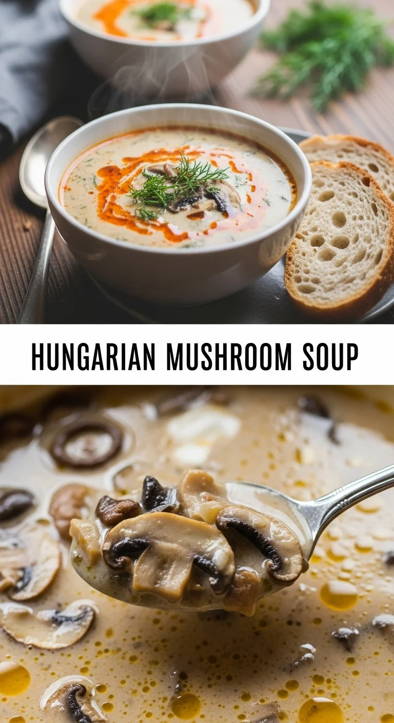 Vertical pin showing two delicious smartphone photos of rich, creamy Hungarian Mushroom Soup with fresh dill, separated by the bold text 'HUNGARIAN MUSHROOM SOUP' in the center.