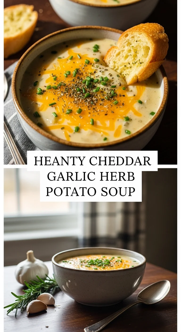Vertical pin showing two delicious smartphone photos of rich, creamy Heanty Cheddar Garlic Herb Potato Soup with fresh herbs, topped with melted cheddar, and the text 'Heanty Cheddar Garlic Herb Potato Soup' in the center.