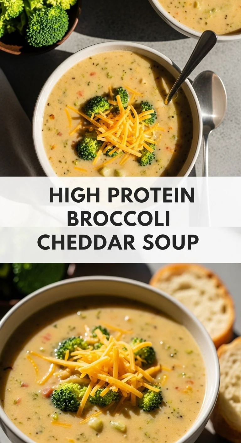 Vertical pin showing two delicious smartphone photos of rich, creamy High Protein Broccoli Cheddar Soup, garnished with fresh herbs and shredded cheese, with the text 'High Protein Broccoli Cheddar Soup' in the center.