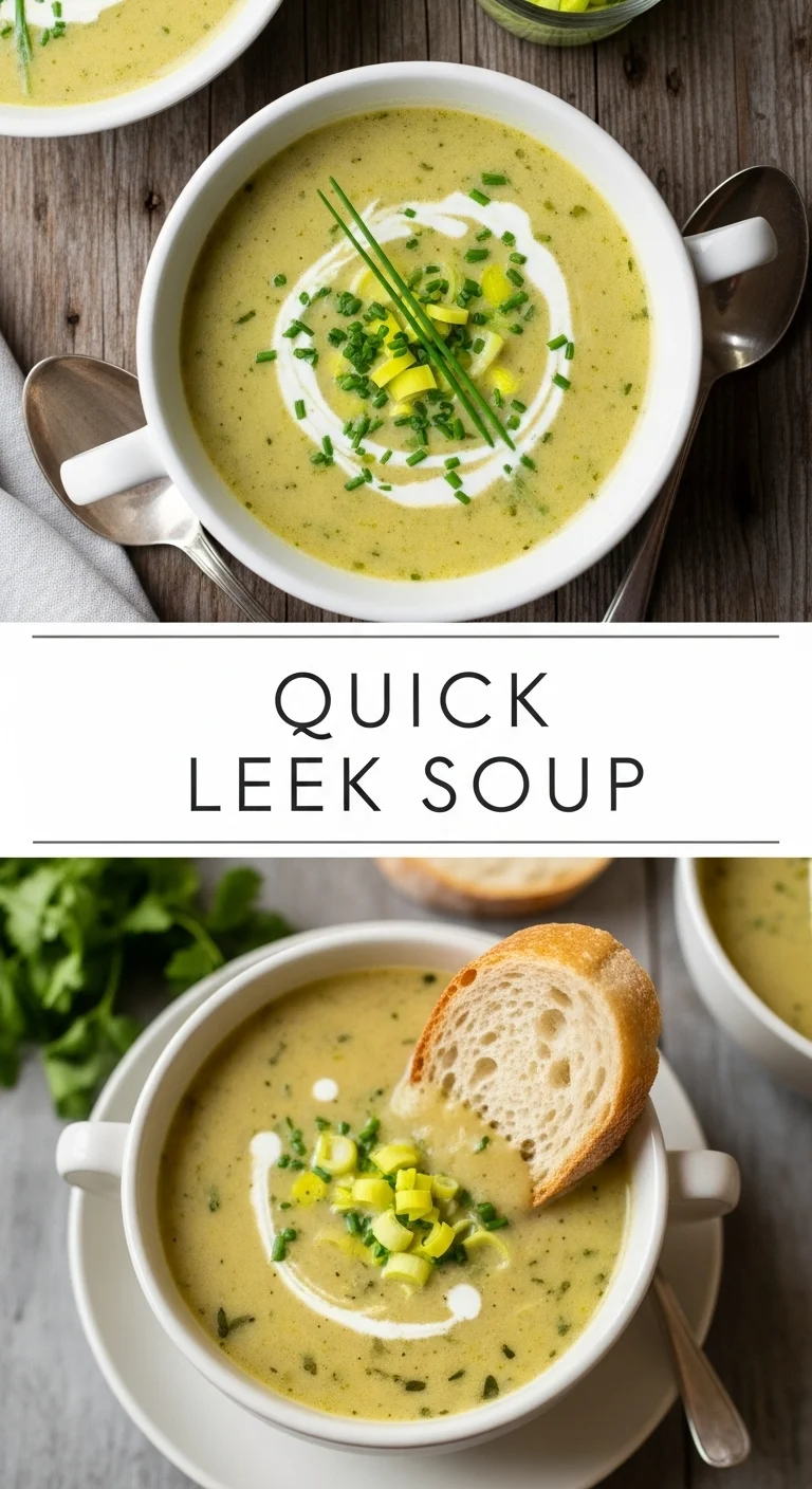 Vertical pin showing two delicious, creamy bowls of homemade QUICK LEEK SOUP, garnished with fresh chives, separated by a central text overlay that reads 'QUICK LEEK SOUP'.