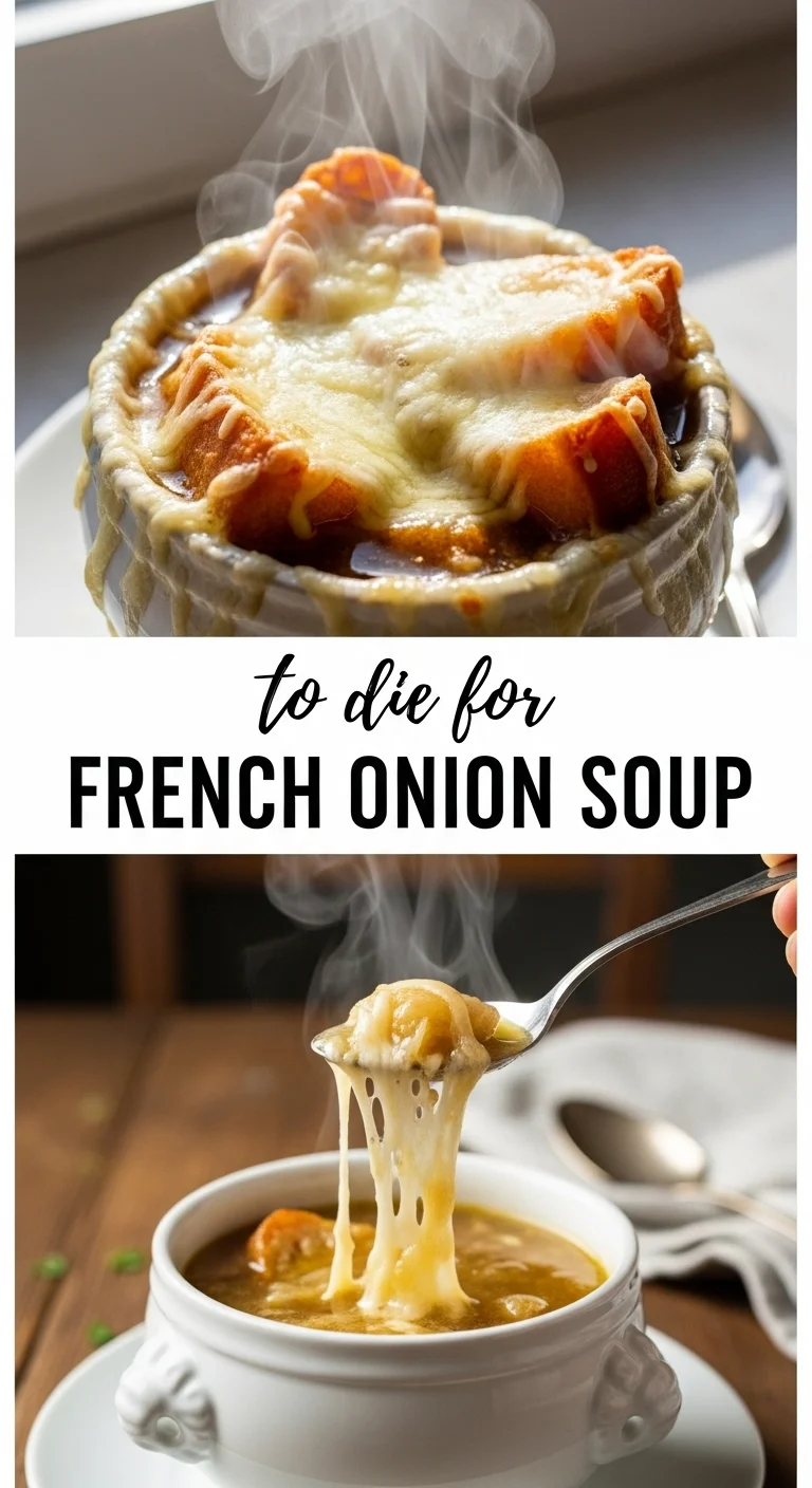 Vertical pin showing two delicious smartphone photos of a piping hot bowl of to die for FRENCH ONION SOUP, topped with melted Gruyere cheese and crusty bread, with the text 'to die for FRENCH ONION SOUP' prominently displayed in the center.