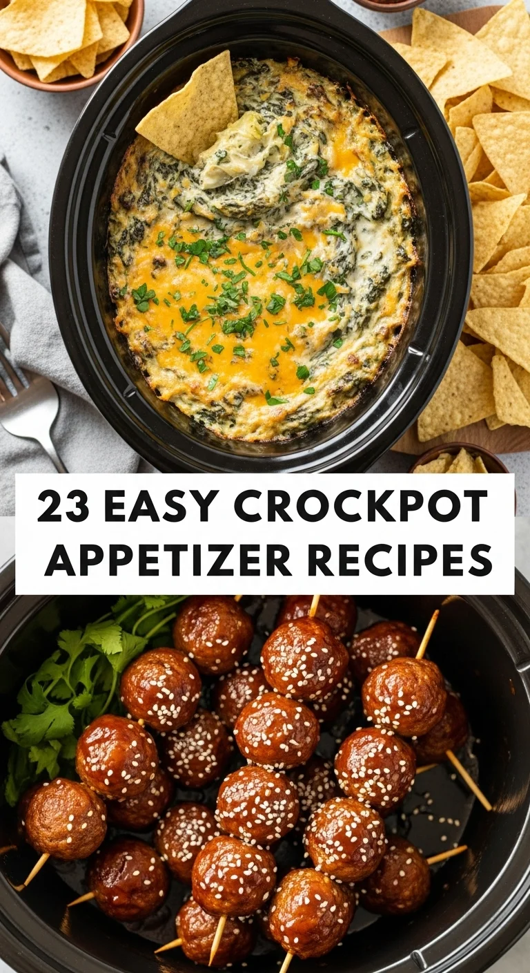 A vertical split image displays two mouthwatering crockpot appetizers. The top picture shows tender, saucy BBQ pulled pork sliders ready to serve. The bottom picture features a creamy, bubbling buffalo chicken dip, garnished with green onions, perfect for a Super Bowl party food spread. The bold text '23 Easy Crockpot Appetizer Recipes' is centered, highlighting quick and delicious slow-cooker ideas.