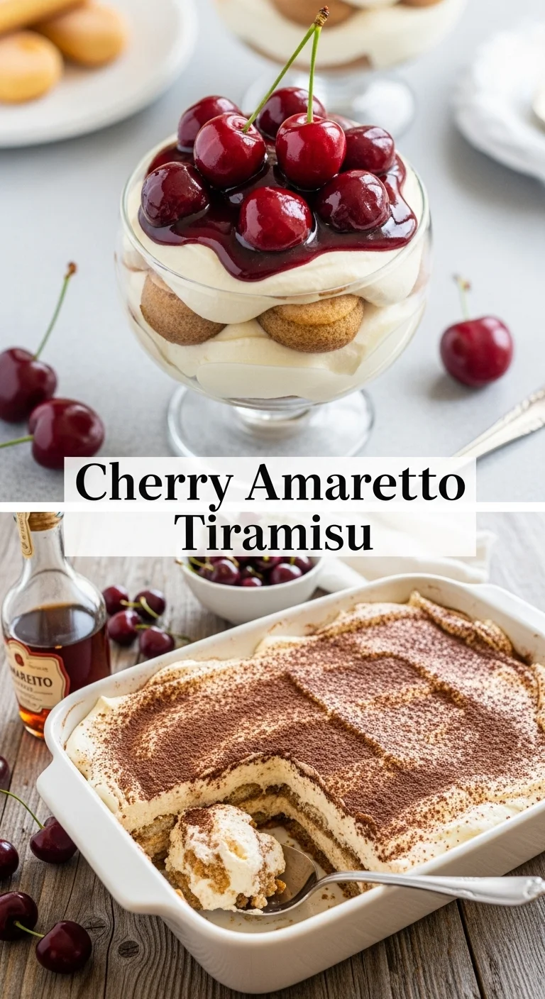 A vertical split layout Pinterest pin featuring two tempting images of Cherry Amaretto Tiramisu. The top image shows a close-up of an individual serving, highlighting layers of creamy mascarpone, coffee-soaked ladyfingers, and luscious cherry compote, garnished with fresh cherries. The bottom image displays a wider shot of a full dessert dish, invitingly portioned. The text 'Cherry Amaretto Tiramisu' is prominently displayed in the center, making this a perfect pin for cherry recipes.