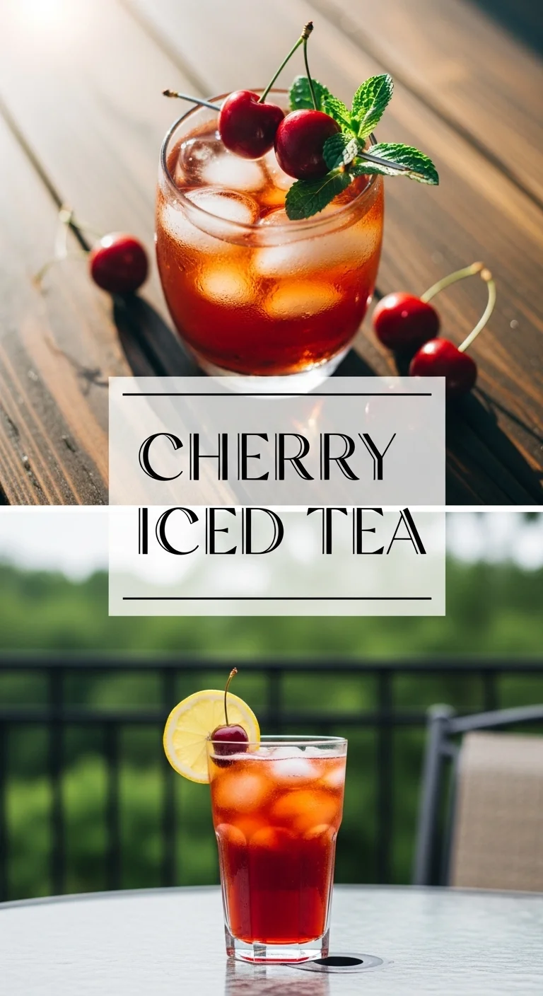 A vibrant Pinterest pin featuring a vertical split layout. The left picture displays a glass of sparkling Cherry Iced Tea with fresh cherries and ice, while the right picture shows a close-up of ripe, juicy cherries. The main text 'Cherry Iced Tea' is prominently centered, inviting users to explore delicious cherry recipes.