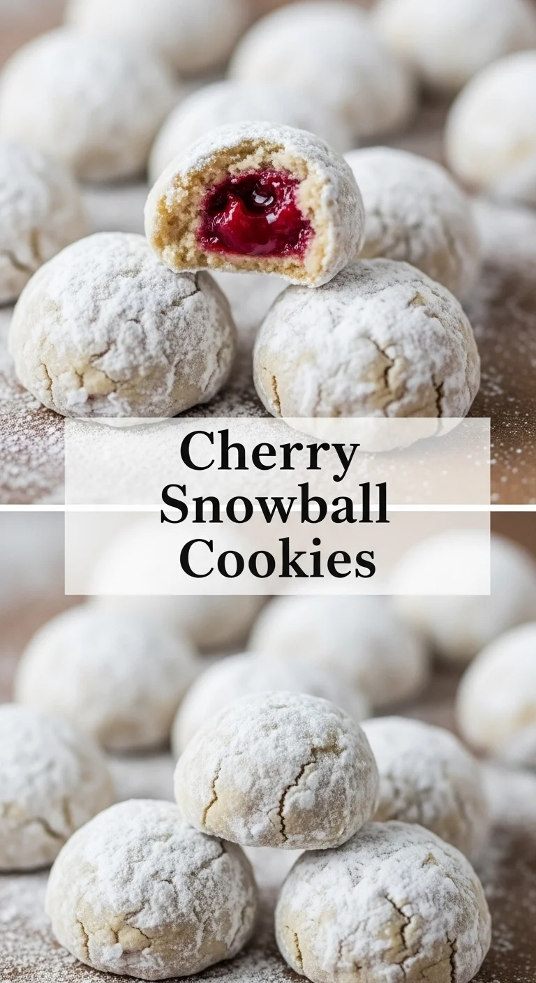 A vertical split layout pin image showcasing two appetizing views of Cherry Snowball Cookies. The top section features perfectly baked, powdered sugar-dusted cookies with hints of bright red cherry peeking through. The bottom section shows more of these delightful cherry recipes cookies arranged artfully. The main keyword 'Cherry Snowball Cookies' is prominently centered between the two images.