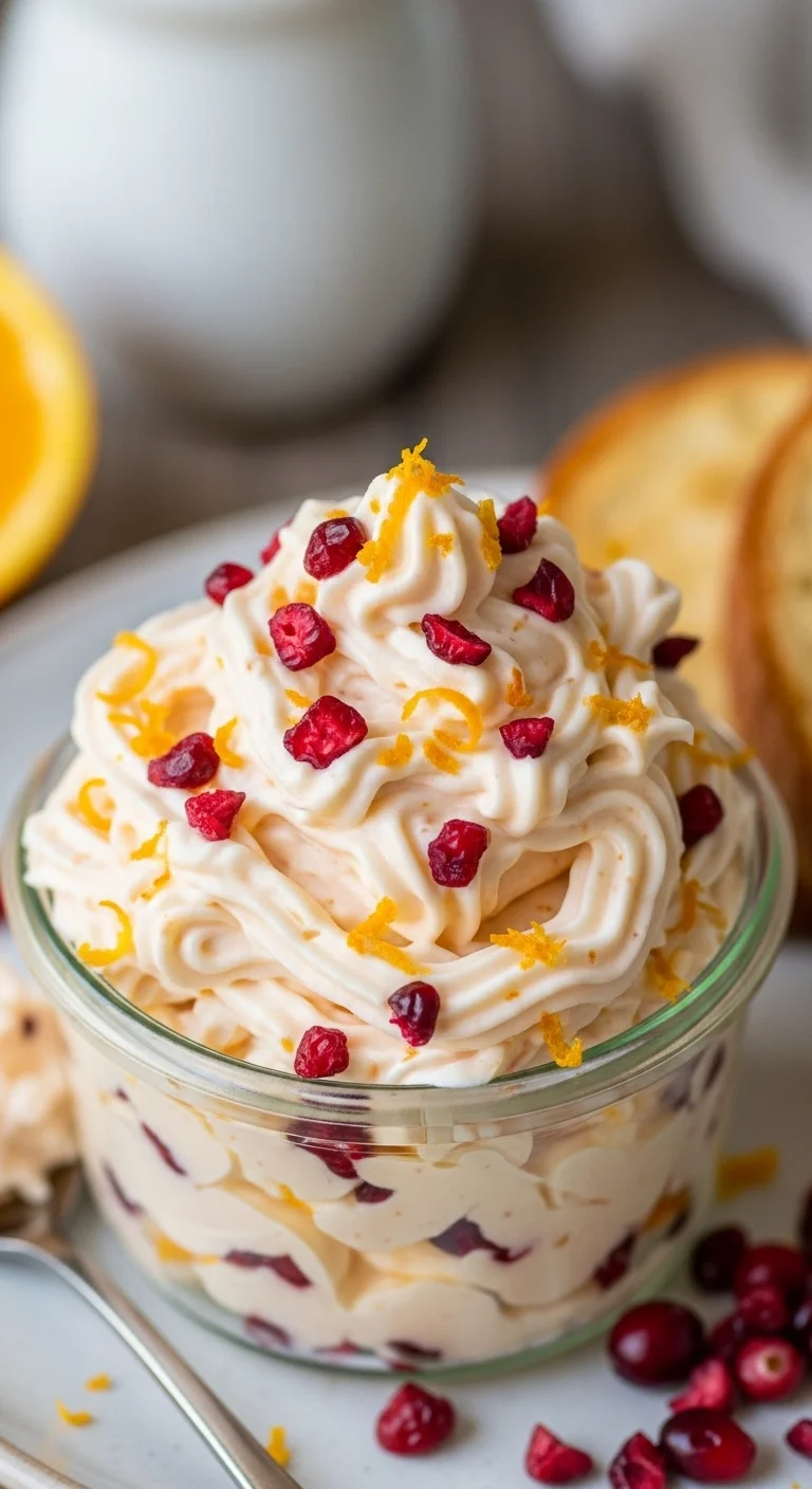 A vibrant, photorealistic vertical close-up of a generous dollop of creamy Cranberry Orange Bliss Butter Recipe, glistening on a warm piece of toasted artisanal bread, garnished with fresh orange zest and a few whole cranberries. The texture is smooth and inviting, showcasing a rich orange hue with flecks of deep red cranberries, promising a delightful flavor.