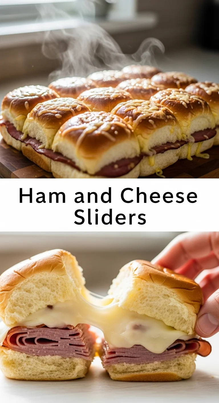 A vertical split layout contains two enticing pictures of Ham and Cheese Sliders, with the text 'Ham and Cheese Sliders' prominently in the center. The top image showcases freshly baked, golden-brown sliders with melted cheese bubbling, while the bottom picture highlights their fluffy buns and savory ham. This makes for perfect super bowl party food!
