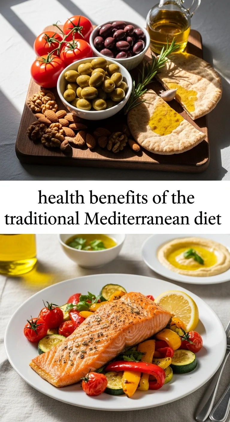 Vertical pin showing two delicious smartphone photos of vibrant Greek salad with feta and olives on top, alongside rustic whole-grain bread with olive oil, with the text 'health benefits of traditional Mediterranean diet' in the center.