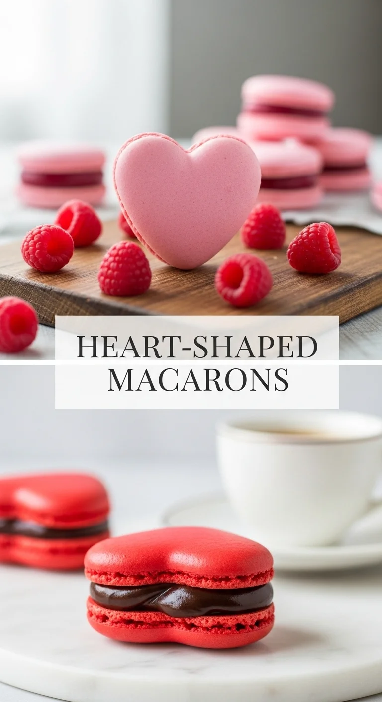 A vertical split layout featuring two stunning images of vibrant pink and red Heart-Shaped Macarons with smooth shells and delicate feet, centered around the text 'Heart-Shaped Macarons', perfect for Valentine's Day.