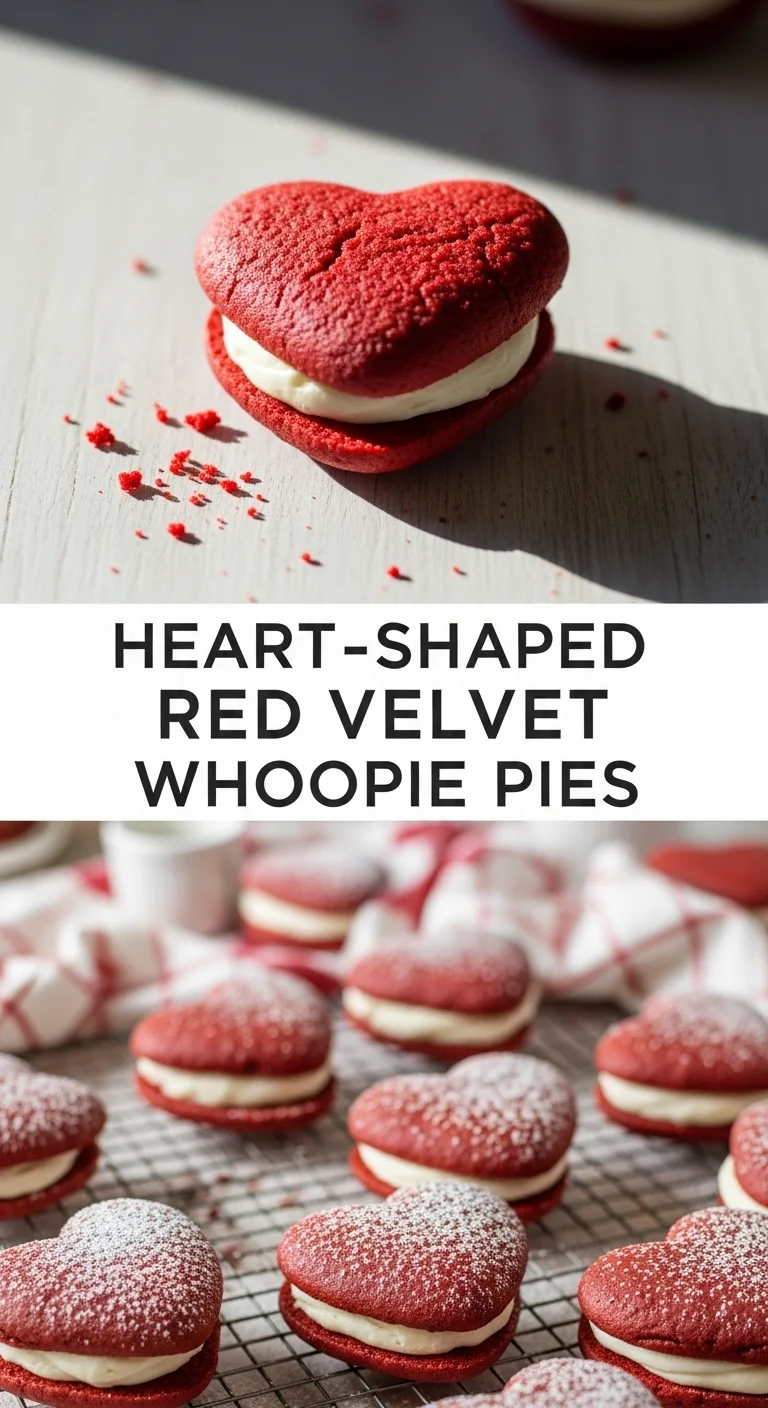 A beautiful vertical split layout image centered on two irresistible Heart-Shaped Red Velvet Whoopie Pies for Valentine's Day. The top half shows a perfectly baked whoopie pie, while the bottom half reveals its luscious, creamy white filling, looking incredibly delicious.