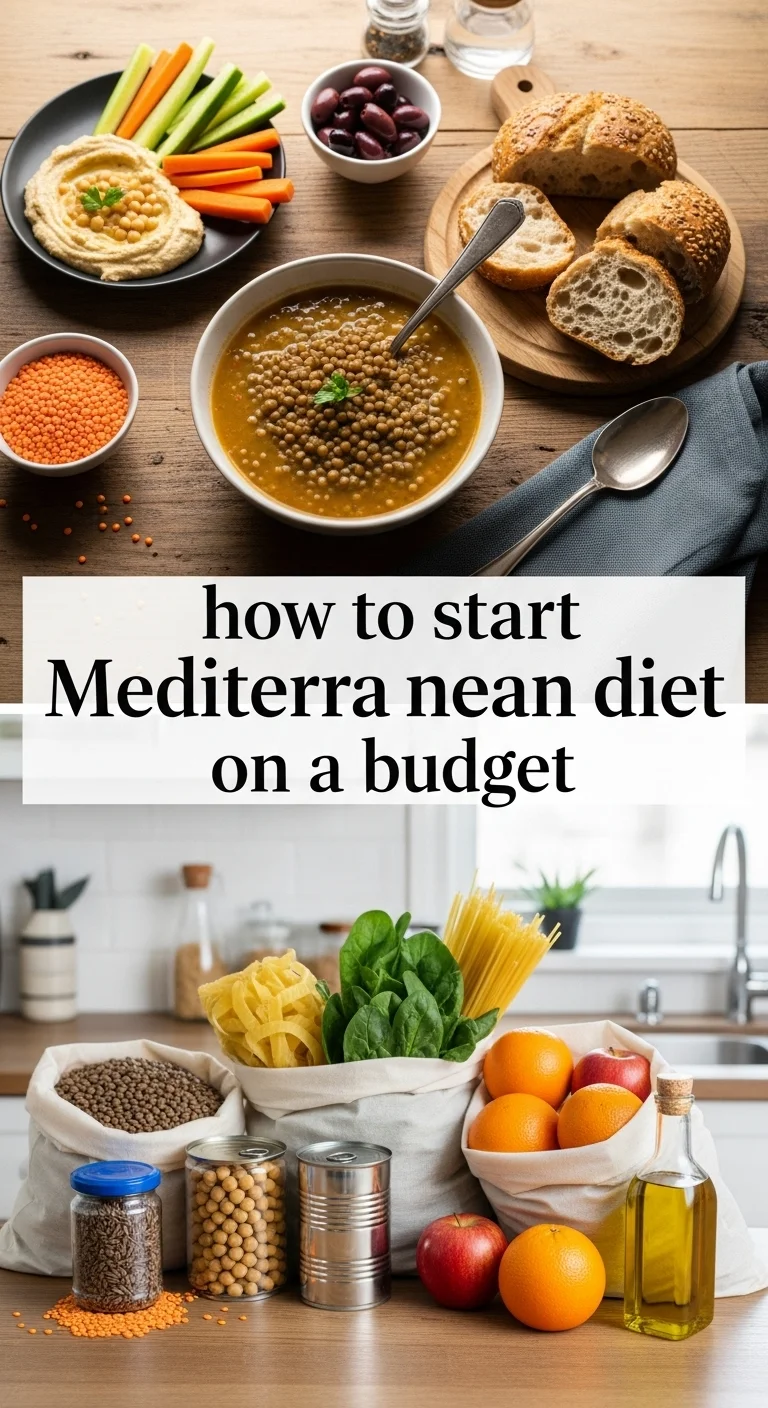 Vertical pin showing two delicious smartphone photos. The top image features a vibrant, fresh Mediterranean salad with chickpeas, feta, and olives. The bottom image displays a hearty lentil soup with whole-grain bread. The text 'how to start Mediterranean diet on a budget' is prominently displayed in the center.