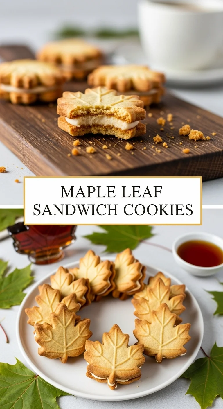 Vertical pin showing two delicious smartphone photos of golden-baked Maple Leaf Sandwich Cookies, filled with creamy maple goodness, with the text 'Maple Leaf Sandwich Cookies' in the center.