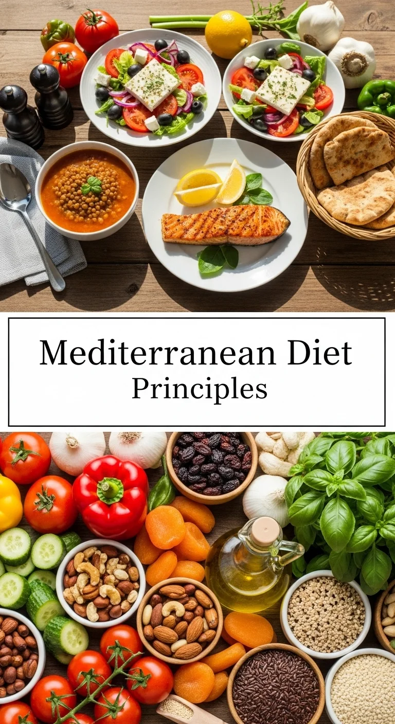 Vertical pin showing two delicious smartphone photos with the text 'Mediterranean Diet Principles' in the center. The top image features a vibrant bowl of quinoa salad with fresh cucumber, sun-dried tomatoes, and crumbled feta, while the bottom image showcases grilled sea bass garnished with lemon and fresh herbs alongside roasted asparagus.