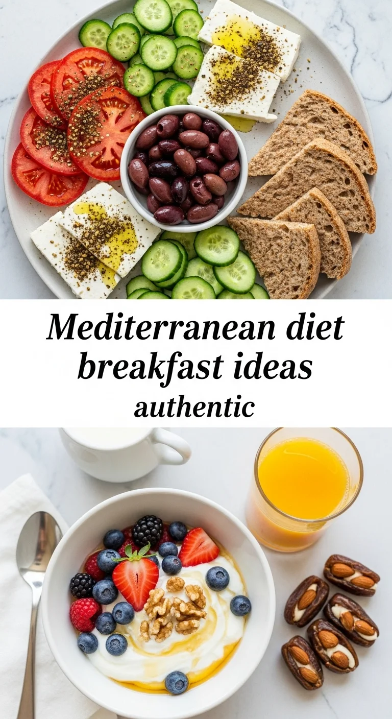 Vertical pin showing two delicious smartphone photos. The top image features a vibrant bowl of Greek yogurt topped with fresh mixed berries, crunchy walnuts, and a golden drizzle of honey. The bottom image displays savory scrambled eggs with crumbled feta, sautéed spinach, and juicy cherry tomatoes, served alongside toasted whole-wheat pita bread. The text 'Mediterranean diet breakfast ideas authentic' is clearly visible in the center.