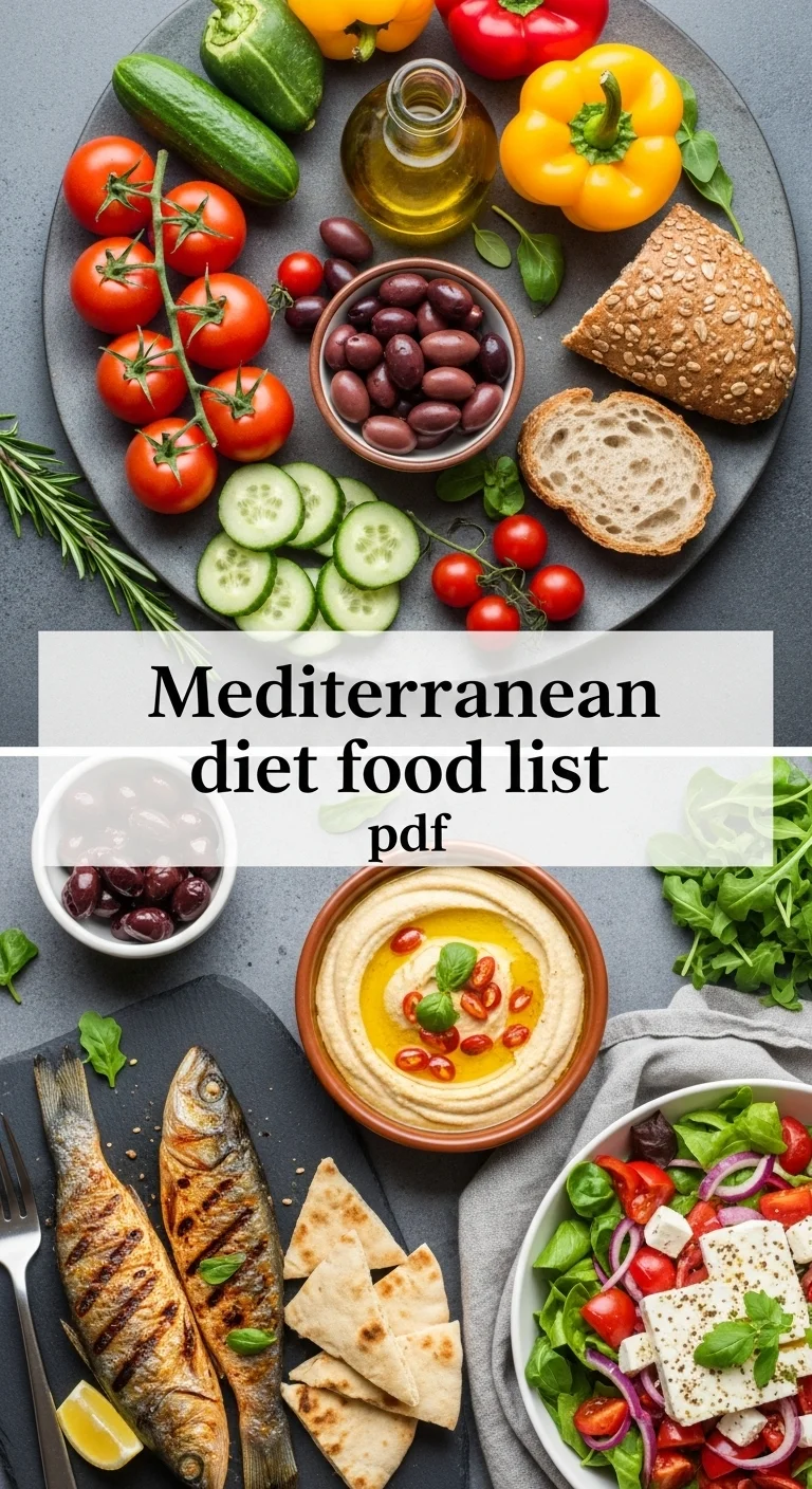 Vertical pin showing two delicious smartphone photos of a vibrant platter of grilled vegetables with hummus, and a savory whole-wheat pasta with cherry tomatoes and fresh basil, with the text 'Mediterranean diet food list pdf' in the center.