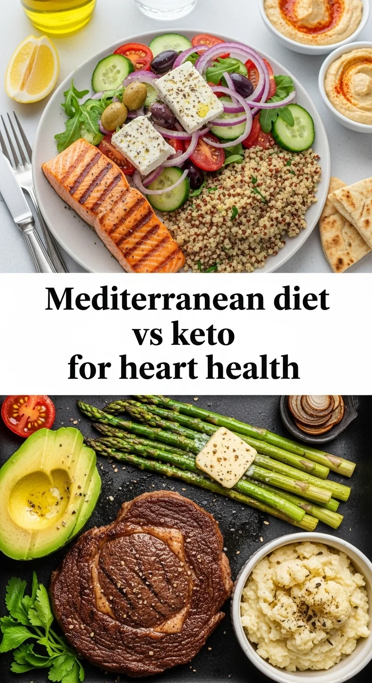 Vertical pin showing two delicious photos: one of a vibrant Mediterranean platter with fresh olives, feta, and perfectly grilled chicken, and another of a creamy avocado, bacon, and egg bowl for keto, with the text 'Mediterranean diet vs keto for heart health' clearly displayed in the center.