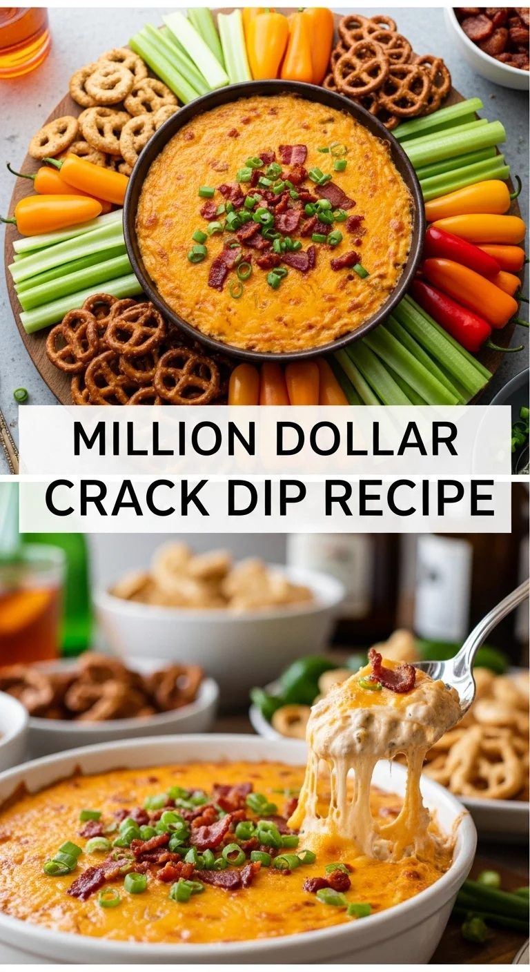 A vertical split layout pin featuring 'Million Dollar Crack Dip Recipe' boldly in the center. The top image showcases a creamy, rich dip generously adorned with crispy bacon bits, vibrant green onions, and shredded cheddar, artfully arranged with various dippers like crackers and vegetable sticks. The bottom image provides a mouthwatering close-up of the dip, emphasizing its smooth texture and tempting layers, ideal for parties and game days.
