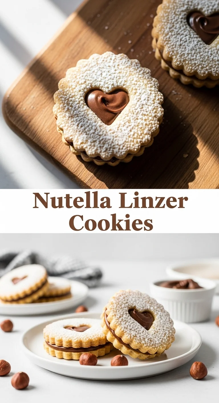 Vertical pin showing two delicious smartphone photos of perfectly baked Nutella Linzer Cookies, dusted with powdered sugar and filled with rich Nutella, with the text 'Nutella Linzer Cookies' prominently displayed in the center.