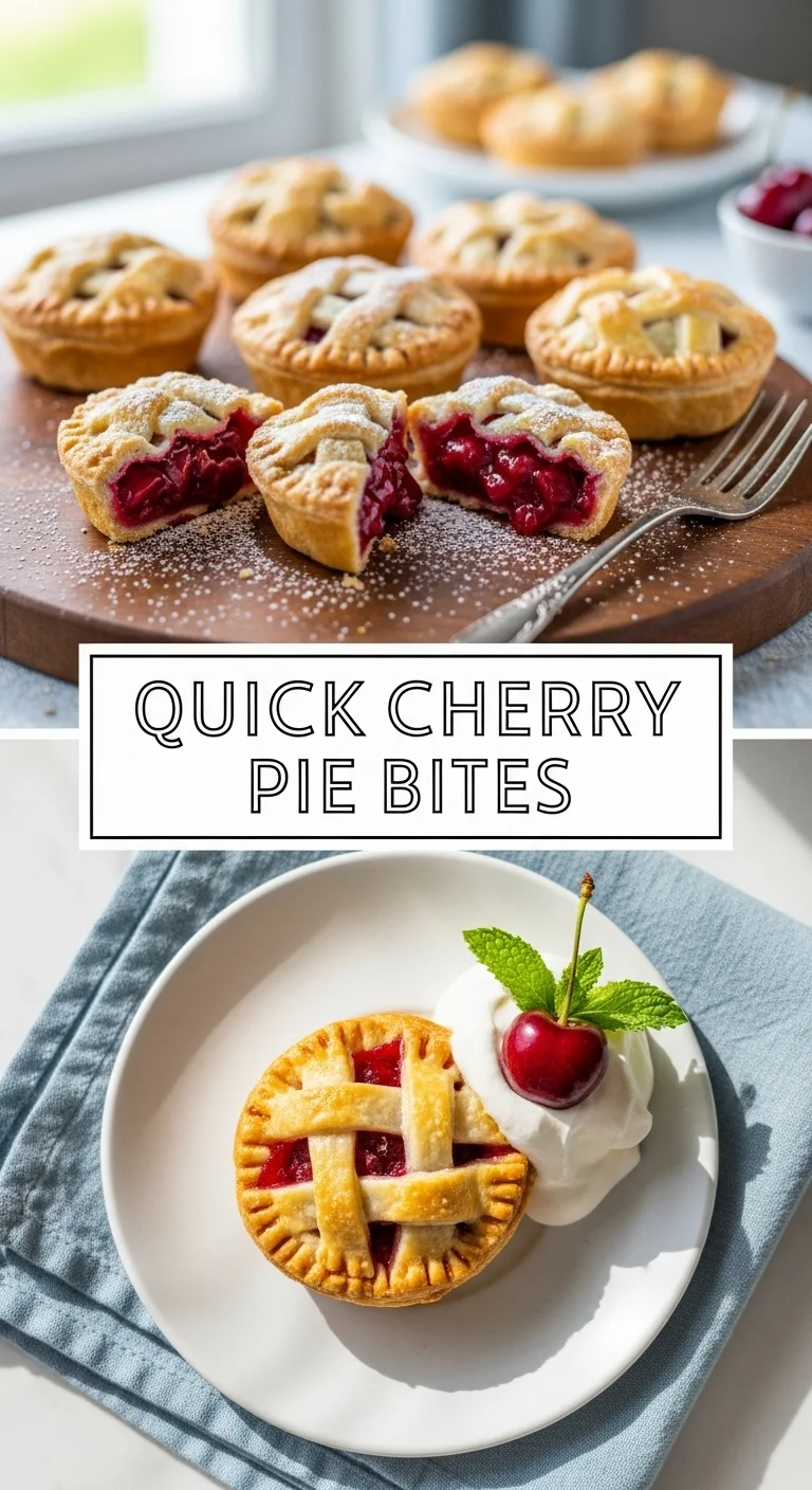 A visual pin with a vertical split layout. The main keyword 'Quick Cherry Pie Bites' is centered. The top image features beautifully golden, flaky Quick Cherry Pie Bites, some with a dusting of powdered sugar. The bottom image showcases a delicious close-up of the gooey, vibrant red cherry filling oozing from a freshly baked bite, perfect for cherry recipes.