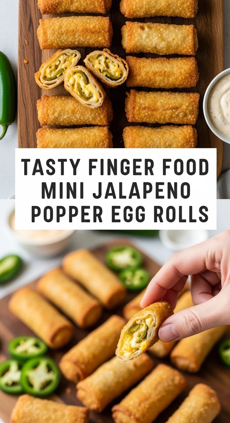 A vibrant vertical split image showcasing two mouthwatering views of golden-fried Tasty Finger Food Mini Jalapeno Popper Egg Rolls, perfectly golden and crispy, with creamy filling visible. The main keyword 'Tasty Finger Food Mini Jalapeno Popper Egg Rolls' is prominently displayed in the center. These irresistible bites are ideal super bowl party food.