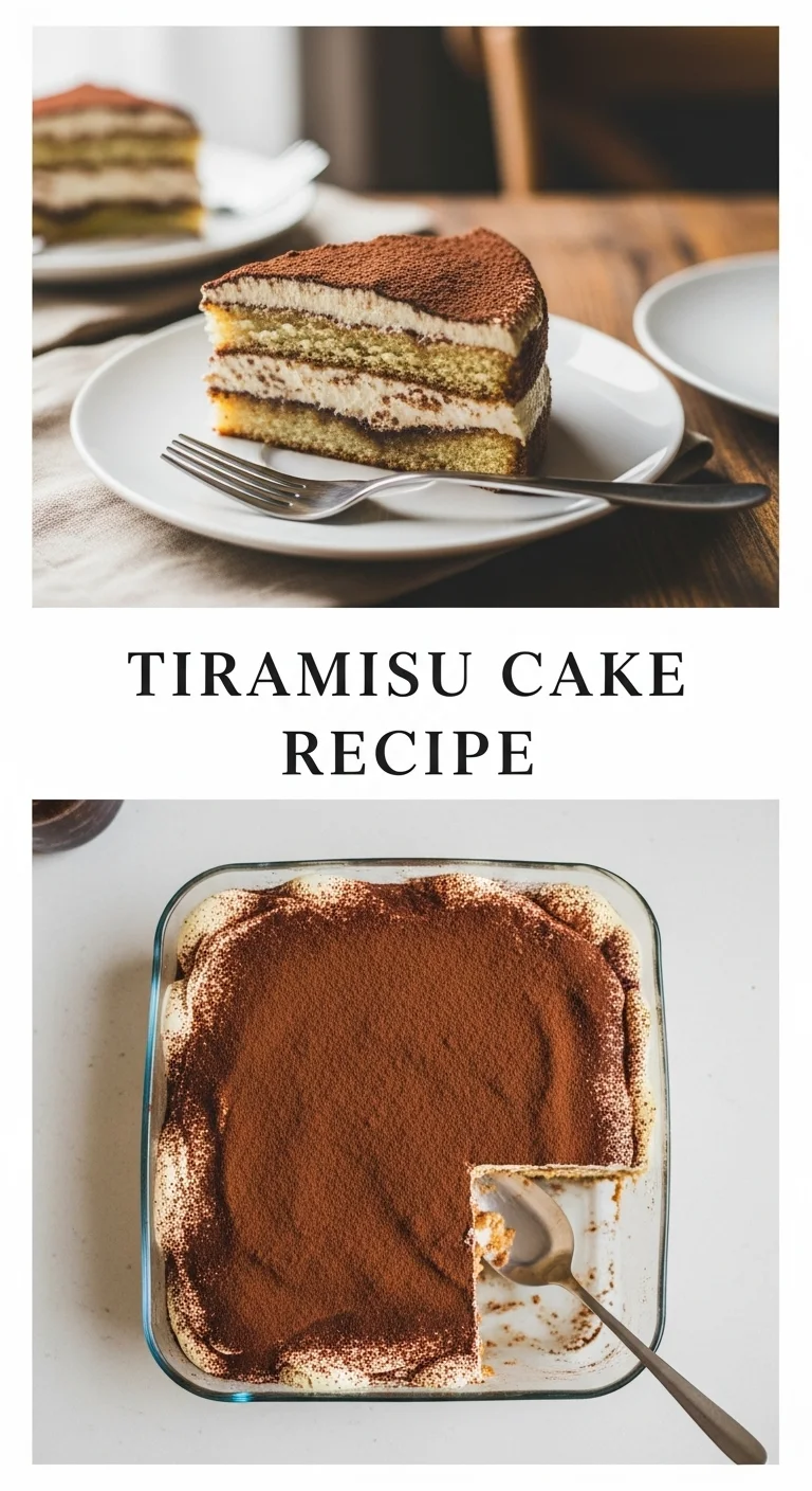 Vertical pin showing two delicious smartphone photos of a freshly sliced Tiramisu Cake, revealing creamy mascarpone layers, espresso-soaked ladyfingers, and a generous cocoa dusting, with the text 'Tiramisu Cake Recipe' prominently in the center.