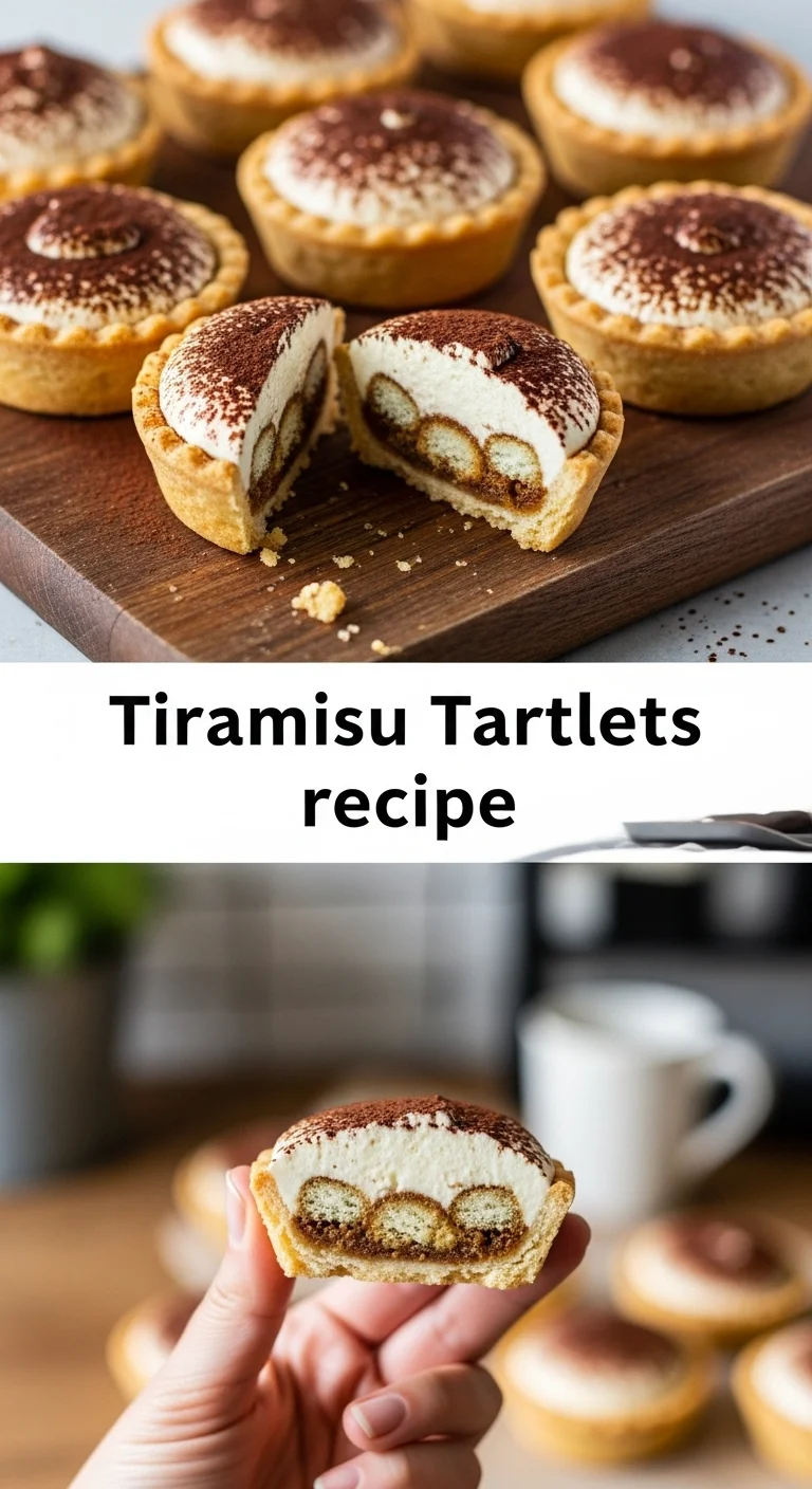 Vertical pin showing two delicious smartphone photos of elegant Tiramisu Tartlets, each featuring creamy mascarpone, coffee-soaked ladyfingers, and a dusting of cocoa. The text 'Tiramisu Tartlets recipe' is prominently displayed in the center.